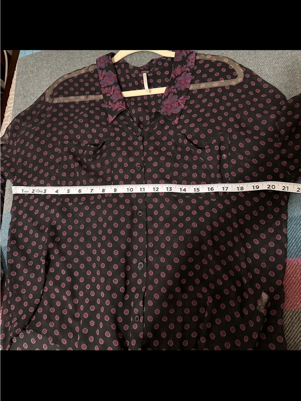 #302 FREE PEOPLE Black Sheer Button-Down Shirt with Purple Dot Print - Picture 5 of 8